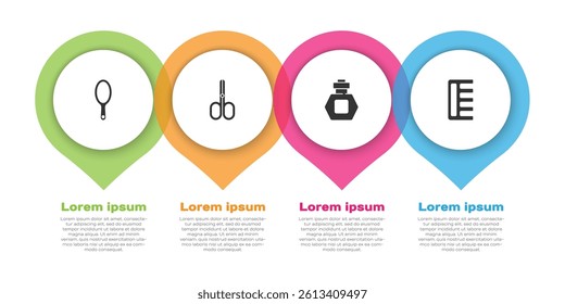 Set Hand mirror, Scissors, Perfume and Hairbrush. Business infographic template. Vector