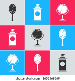 Fije el espejo de mano, espuma de gel y el icono del espejo de mano. Vector