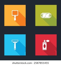 Set Hand mirror, , Shaving razor and Aftershave bottle with atomizer icon. Vector