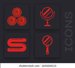 Set Hand mirror, Towel rolls, Round makeup mirror and Towel icon. Vector