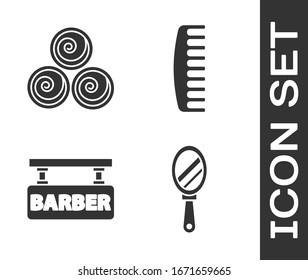 Set Hand mirror, Towel rolls, Barbershop and Hairbrush icon. Vector