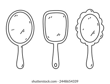 Set of hand mirrors isolated on a white background. Vector hand-drawn illustration in doodle style. Perfect for cards, decorations, logo, various designs.