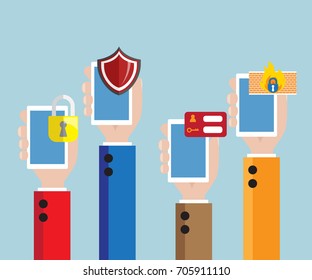 set of hand with mobile smartphone protection vector illustration
