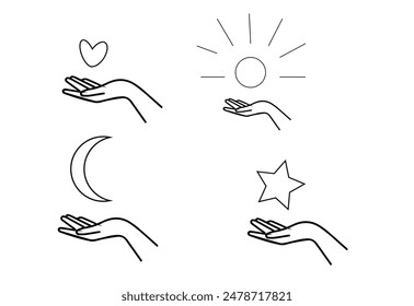 Set von Hand Mond Sonne Stern und Herz auf transparentem Hintergrund