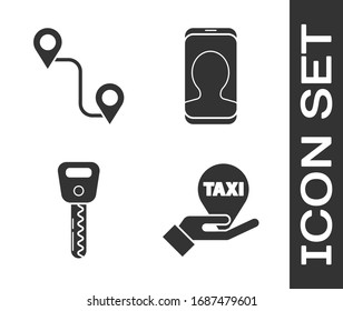 Set Hand on map pointer with taxi, Route location, Car key and Taxi call telephone service icon. Vector