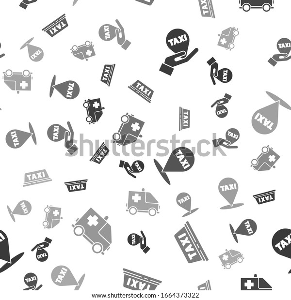 Set Hand on map pointer with taxi, Taxi car roof,
Map pointer with taxi and Ambulance and emergency car on seamless
pattern. Vector