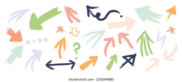 Set of hand paint arrow vector illustration. Collection of colorful brush paint arrow sign and symbol doodle style isolated on white background. Design suitable for tattoo, sticker, print, artwork.