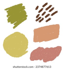 Eine Reihe von Handbemalungen verschiedene Formen, natürliche Farbpalette, grün, braun und gelb. Farbstift, Marker-Pinselstriche