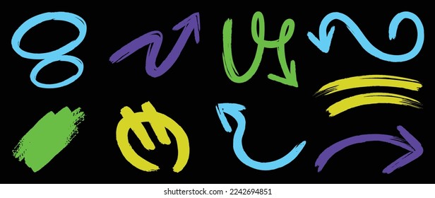 Set of hand paint doodle element vector illustration. Collection of colorful arrows and symbols element with brush paint glow on black background. Design for comic, tattoo, sticker, print, artwork.