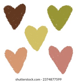 A set of hand paint hearts, natural color palette, green, brown and yellow colors. Color pencil, marker brush strokes