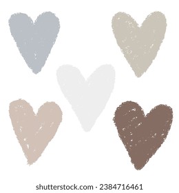 A set of hand paint hearts, natural color palette, green, brown and yellow colors. Color pencil, marker brush strokes