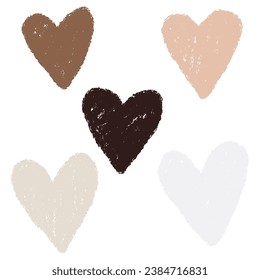 A set of hand paint hearts, natural color palette, green, brown and yellow colors. Color pencil, marker brush strokes