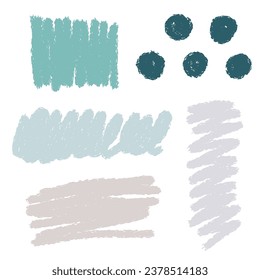A set of hand paint shapes and stains, natural color palette, blue, violet and gray colors. Color pencil, marker brush strokes