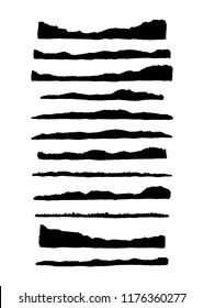 Set of hand painted black hills and mountains silhouettes isolated on white background.