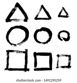 Set of hand painted brush squares, circles and triangles