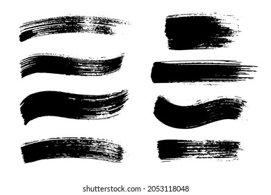 Set of hand painted brush strokes. Black grunge design elements, brushes, detailed textures, backgrounds. Artistic dirty distressed lines.