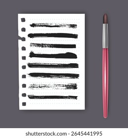 Set of hand painted brush strokes on white piece of notebook