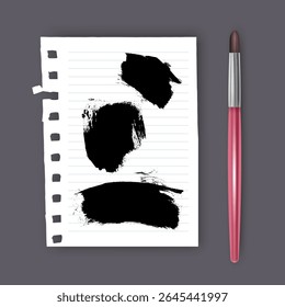 Set of hand painted brush strokes on white piece of notebook
