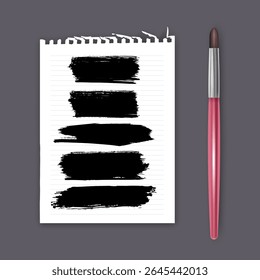 Set of hand painted brush strokes on white piece of notebook