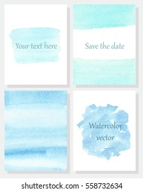 Set of hand painted cards. Watercolor texture. Blue, turquoise. Sea, sky. Wedding, invitation, decor. Vector.