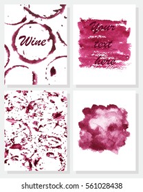 Set of hand painted cards. Watercolor texture. Burgundy, red, pink. Wine. Wedding, invitation, decor. Vector.