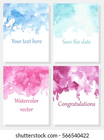 Set of hand painted cards. Watercolor texture. Burgundy, blue, turquoise, pink.  Wedding, invitation, decor. Vector.