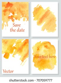 Set of hand painted cards. Watercolor texture. Yellow, orange. Autumn. Wedding, invitation, decor. Vector.