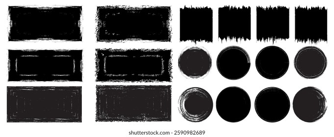 Set of hand painted chalk brushes with rectangle and circle black ink vector line pack, grunge paint brush stroke.