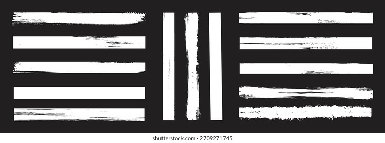 Set of hand painted chalk brushes. Art brushes inside. white hand drawn stripes, ink brush strokes. Brush drawn vector stripes with dry brush texture. 