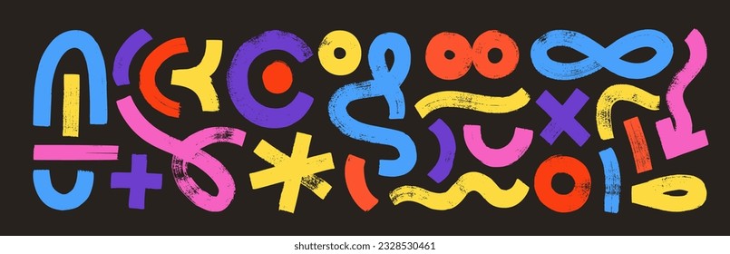 Set of hand painted colorful various shapes, curls, forms, arches, squiggles, brush strokes and doodle objects. Abstract modern trendy vector illustration with bold brush drawn geometric shapes.