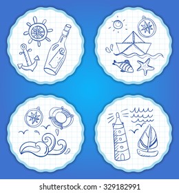 Set of hand painted doodle sea elements. vector illustration