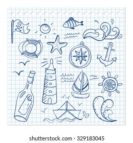 Set of hand painted doodle sea elements. vector illustration