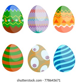 Set of Hand Painted Easter Eggs with Bright Beautiful Textures. Modern Flat Design. Vector Illustration