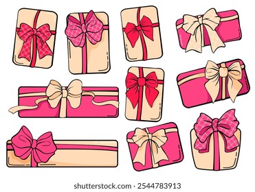 set of hand painted gift boxes with bows and ribbons in pastel and pink colours. set of gift ribbons with bow