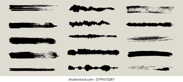 Set of hand painted gouache brush strokes and long ink lines. Grunge textures, smears, and dry brush effects. Isolated artistic black elements for borders, underlining, and creative design projects.