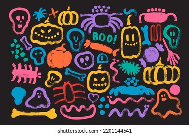 Set of hand painted Halloween
creatures, pumpkins, spiders, ghosts. Cute creepy holiday characters