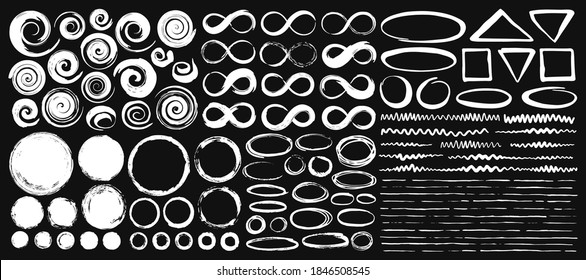 Set of hand painted ink circles, ovals, infinity symbols and spirals. Vector illustration isolated on white background