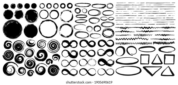 Set of hand painted ink circles, ovals, infinity symbols and spirals. Vector illustration isolated on white background