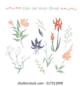 Set of hand painted ink florals. Great for Save the Date, seasonal greeting cards. Artwork for your design.