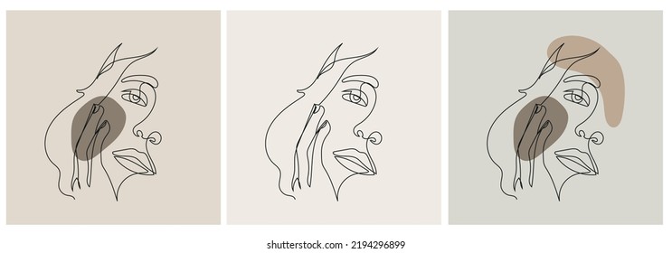 Set hand painted linear women portraits. One continuous line. Abstract faces. Trendy design. 