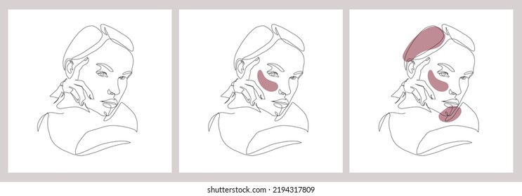 Set hand painted linear women portraits. One continuous line. Abstract faces. Trendy design. 