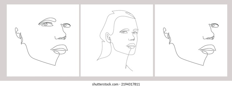 Set hand painted linear women portraits. One continuous line. Abstract faces. Trendy design. 