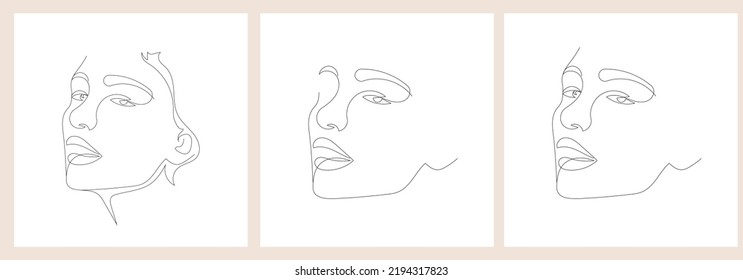 Set hand painted linear women portraits. One continuous line. Abstract faces. Trendy design. 