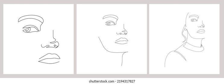Set hand painted linear women portraits. One continuous line. Abstract faces. Trendy design. 