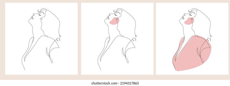 Set hand painted linear women portraits. One continuous line. Abstract faces. Trendy design. 