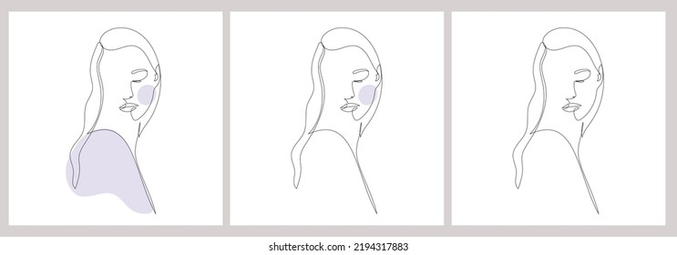 Set hand painted linear women portraits. One continuous line. Abstract faces. Trendy design. 