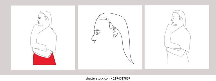 Set hand painted linear women portraits. One continuous line. Abstract faces. Trendy design. 