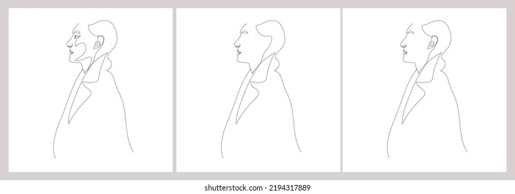 Set hand painted linear women portraits. One continuous line. Abstract faces. Trendy design. 