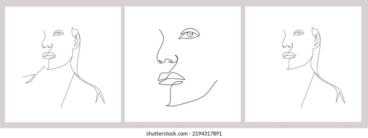 Set hand painted linear women portraits. One continuous line. Abstract faces. Trendy design. 