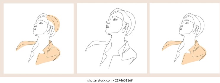 Set hand painted linear women portraits. One continuous line. Abstract faces. Trendy design. 